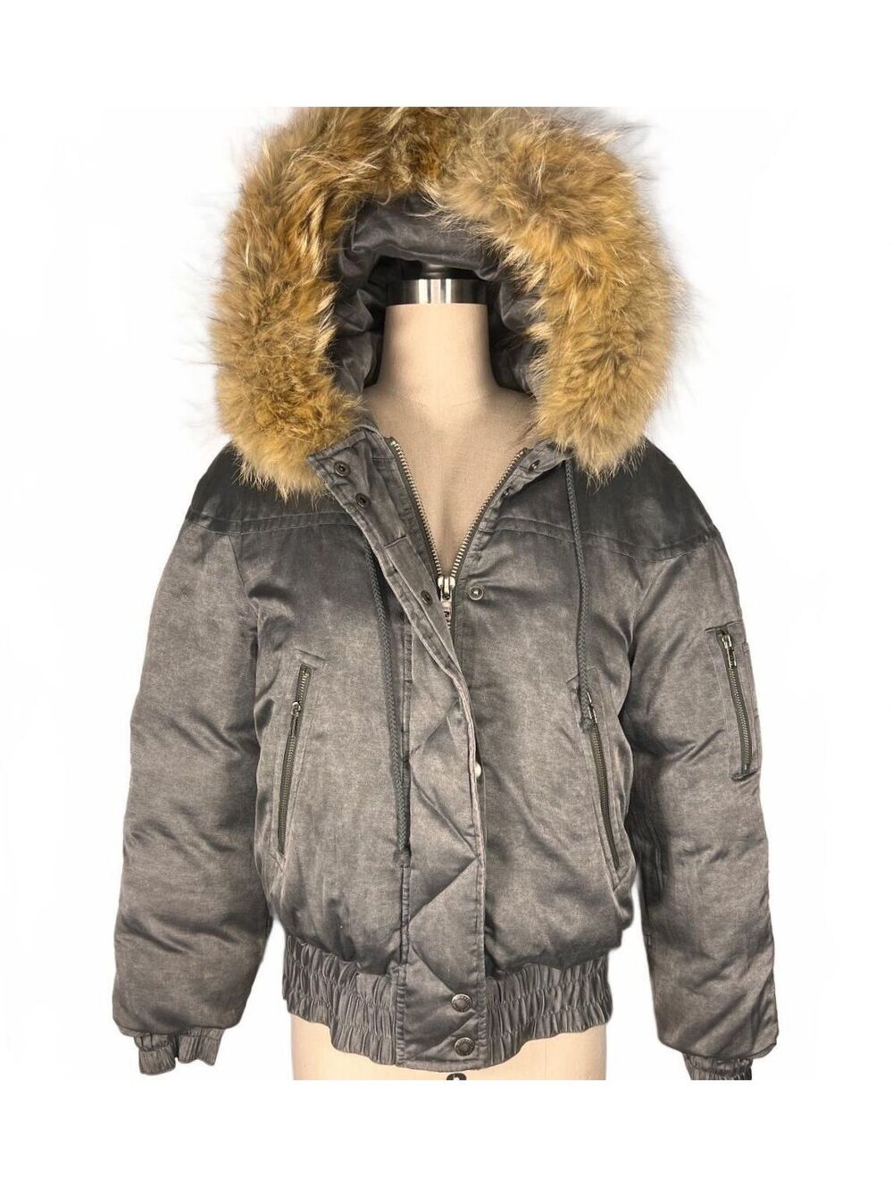 KORS Michael Kors Faux Fur Hooded Puffer Bomber Jacket Metallic Grey Satin M/L